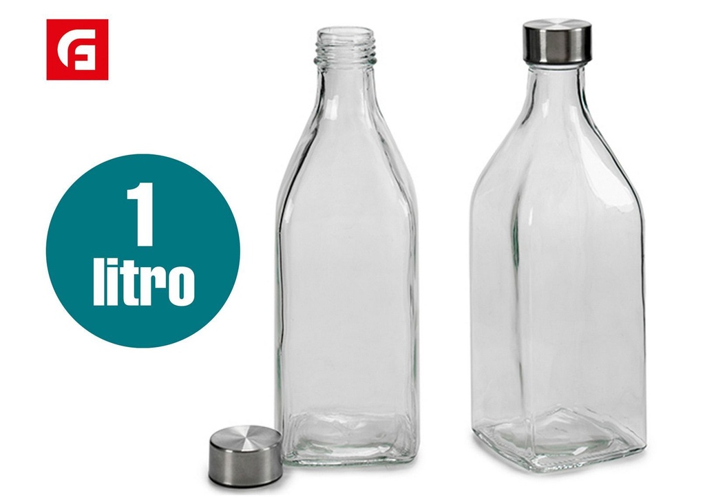 Botella de cristal cuadrada con tapón de acero 1L - Botes y tarros de vidrio