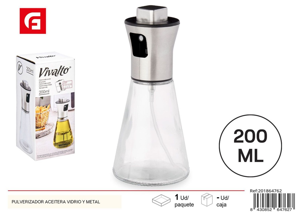 Pulverizador aceitero de vidrio y metal para cocina