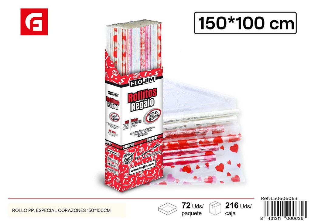 Rollo de papel regalo celofán con corazones 150*100 cm - Papel de regalo para ocasiones especiales
