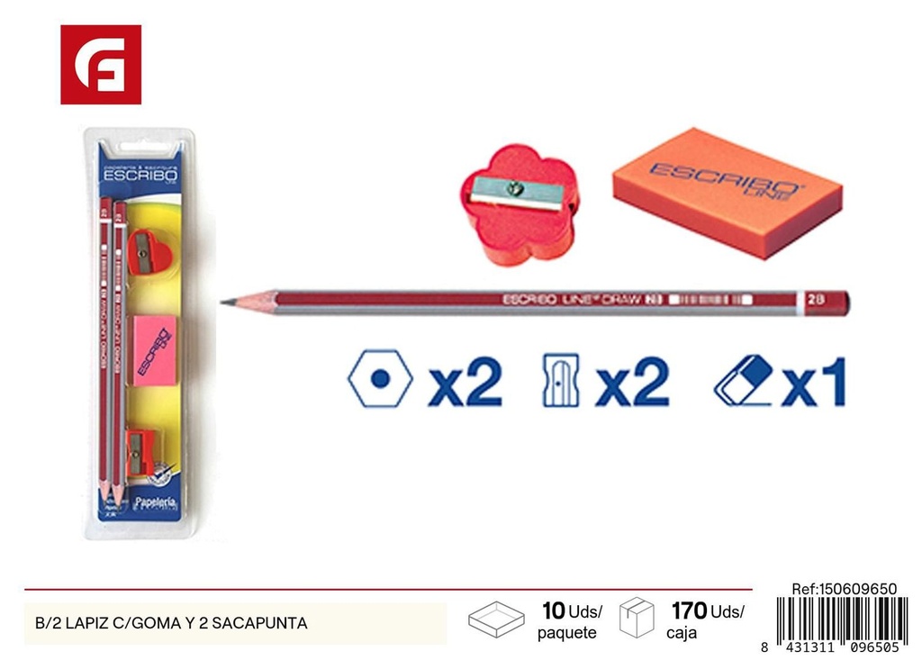 Lápiz con goma y 2 sacapuntas para escritura