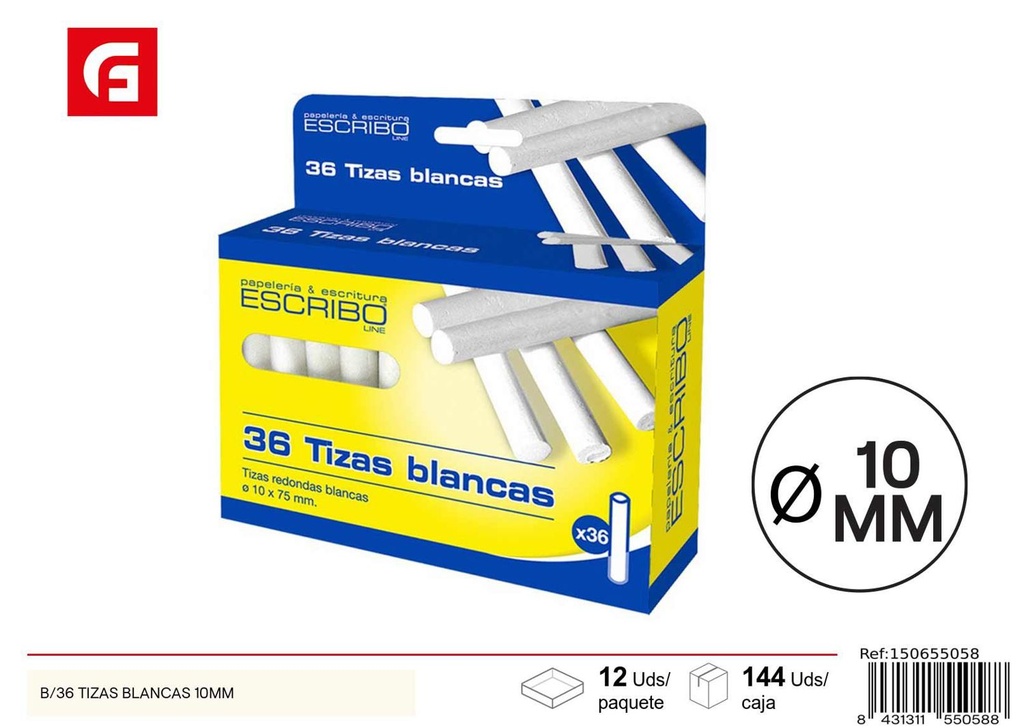 Tizas blancas 10mm 36 piezas para pizarras