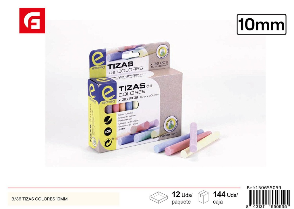 Tizas de colores 10mm B/36 - Material escolar