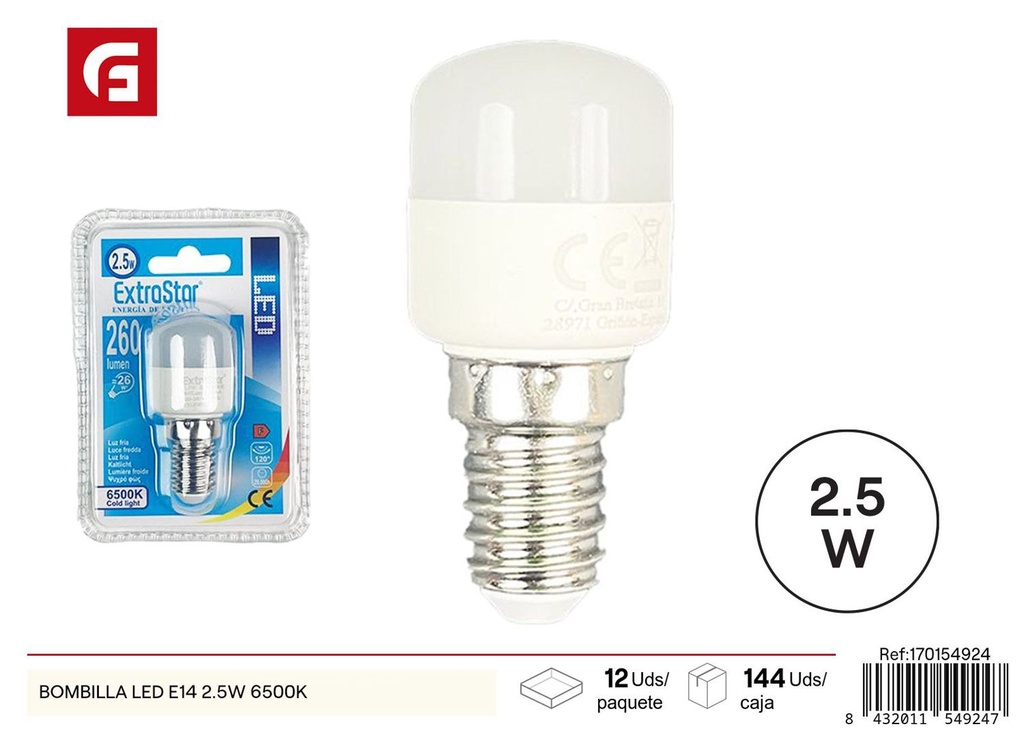 Bombilla LED E14 2.5W 6500K para iluminación y ahorro energético