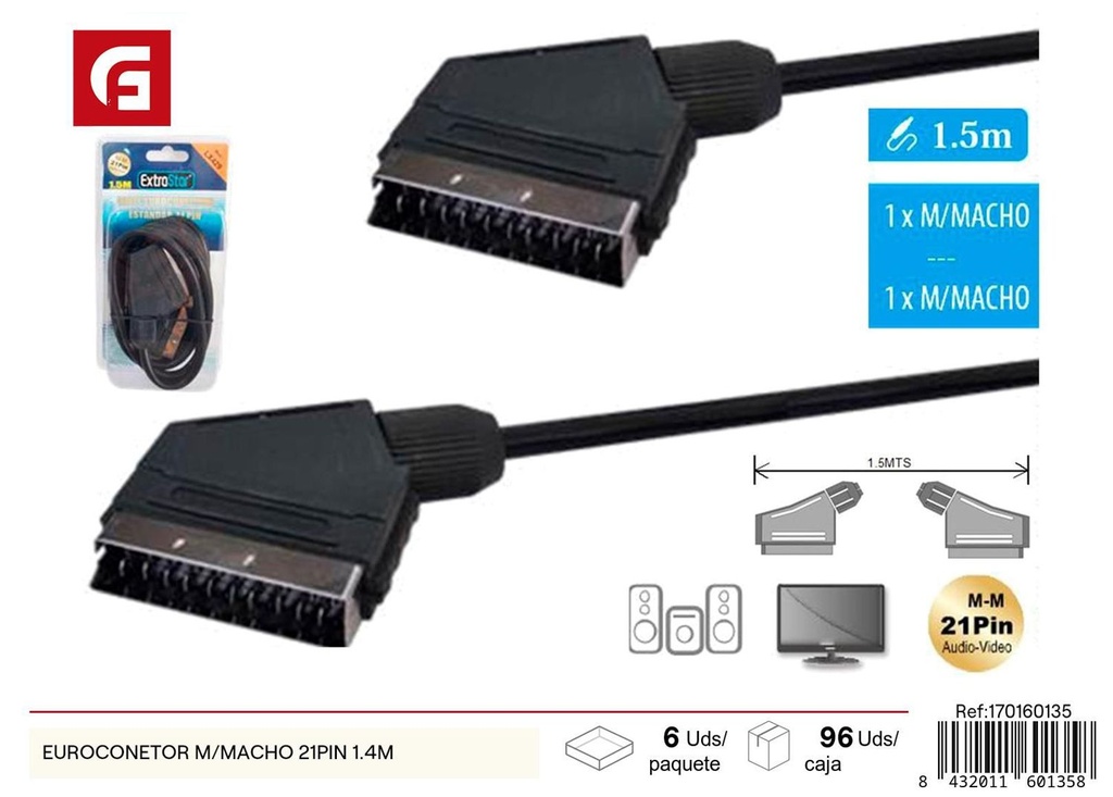 Cable Euroconector macho-macho 21 pin 1.4m para TV y video