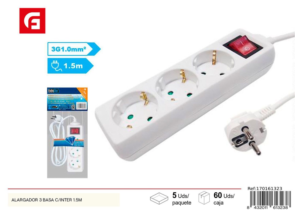Alargador 3 bases con interruptor 1.5m - Suministros eléctricos y regletas