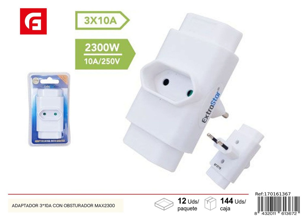 Adaptador 3*10A con obturador max 2300 para seguridad eléctrica