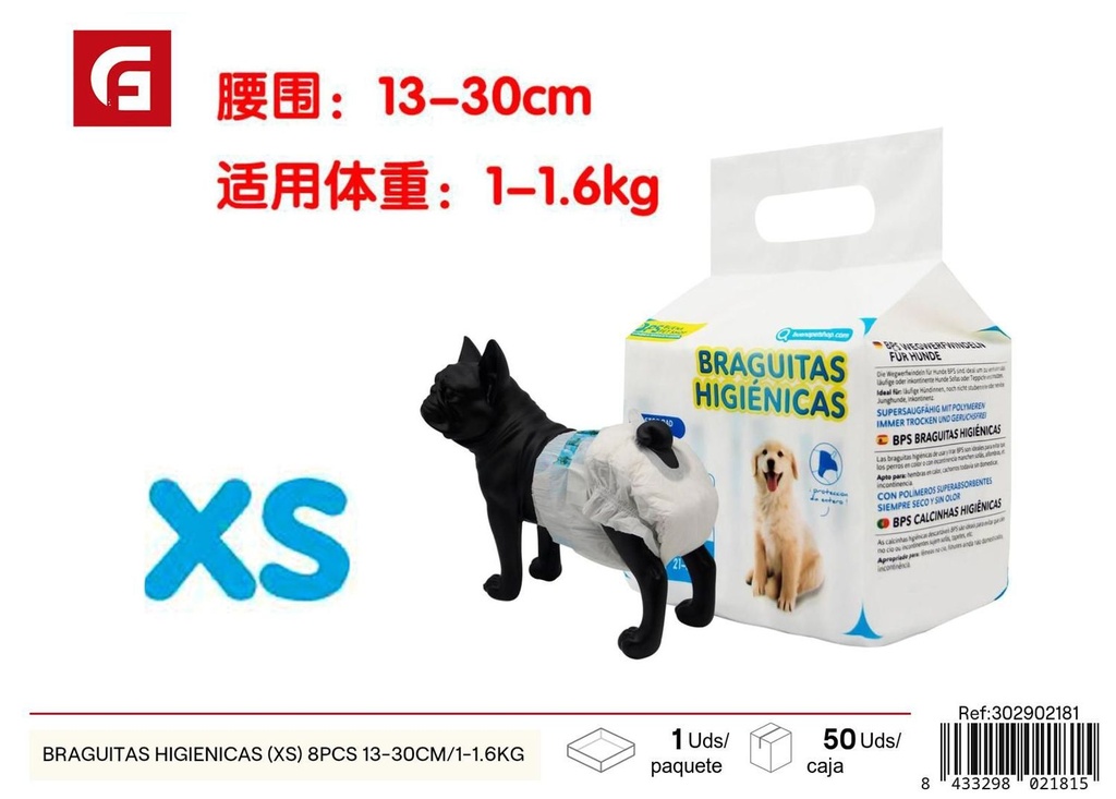Braguitas Higiénicas (XS) 8PCS 13-30 cm/1-1.6 kg - Productos para mascotas