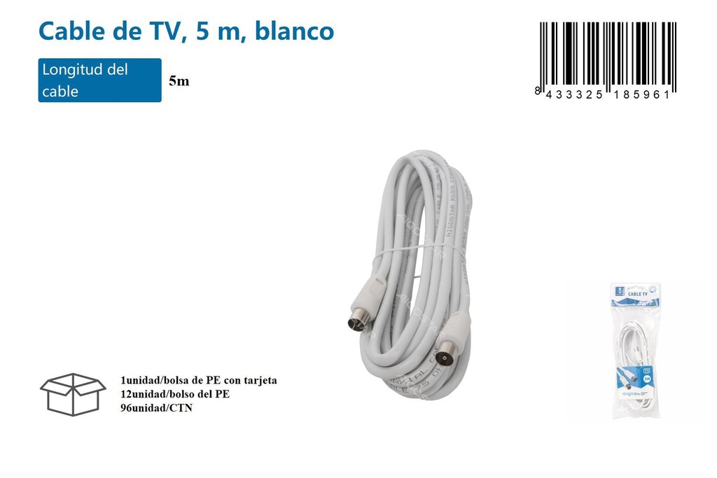 Cable de TV blanco 5 m - Conectores para TV