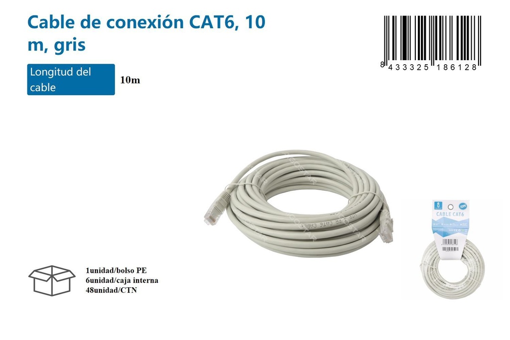 Cable de conexión CAT6 10m gris para redes