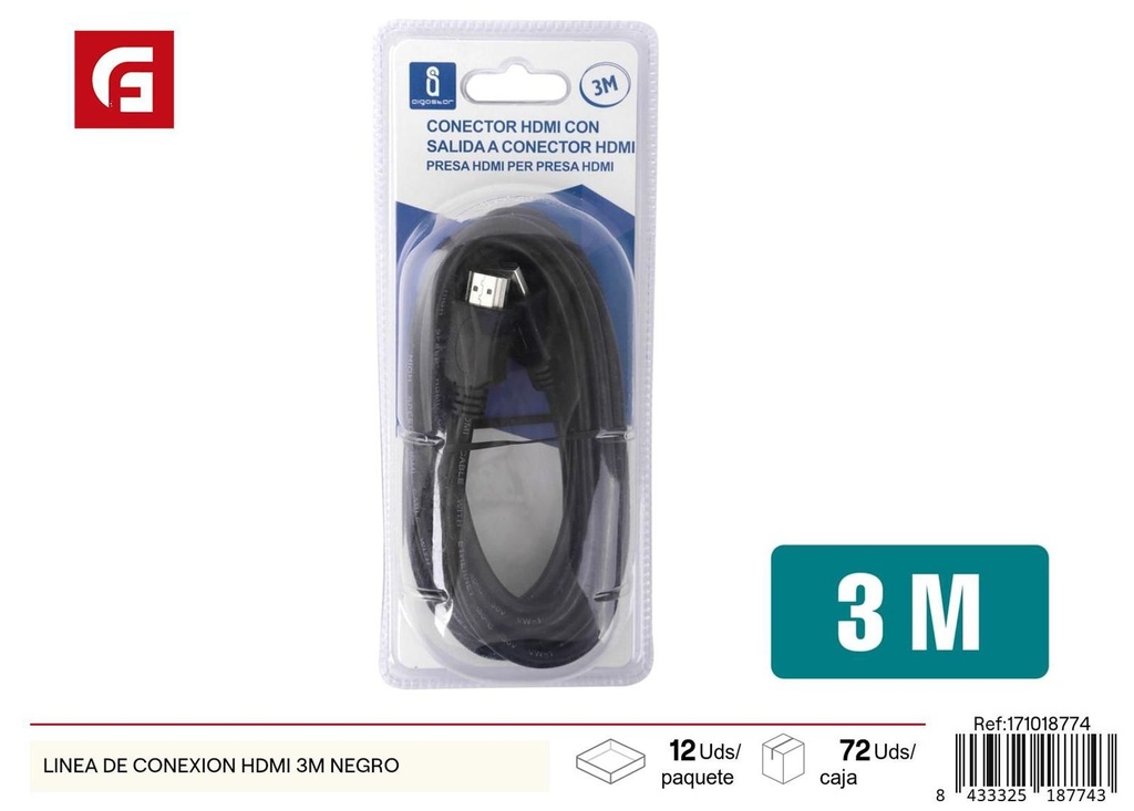 Cable conexión HDMI 3m negro para electrónicos