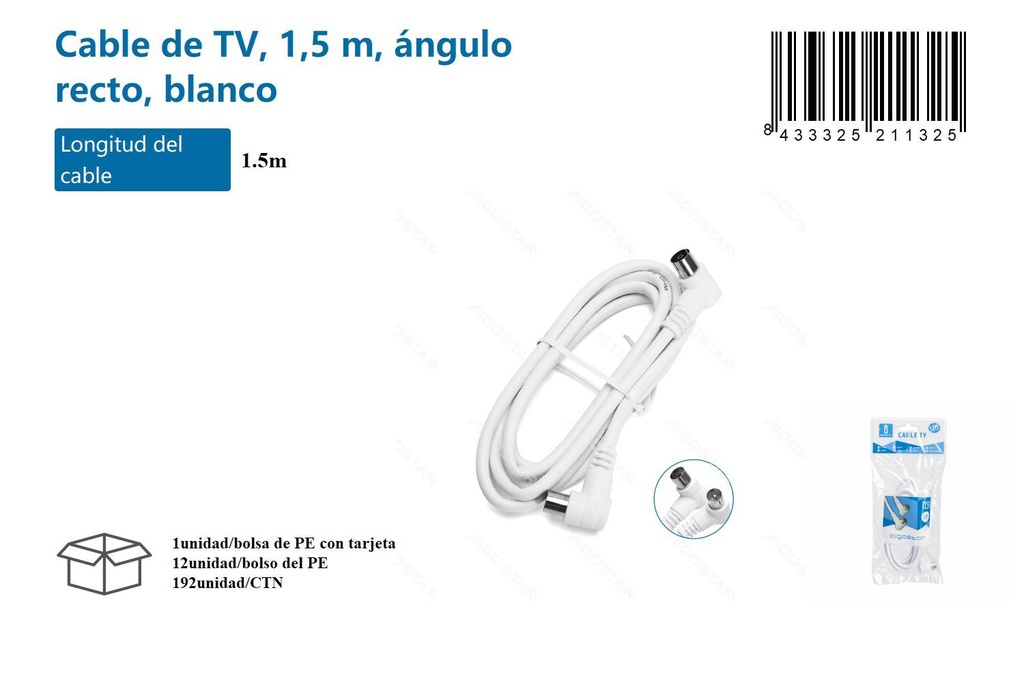 Cable de TV 1.5m ángulo recto blanco para conexiones