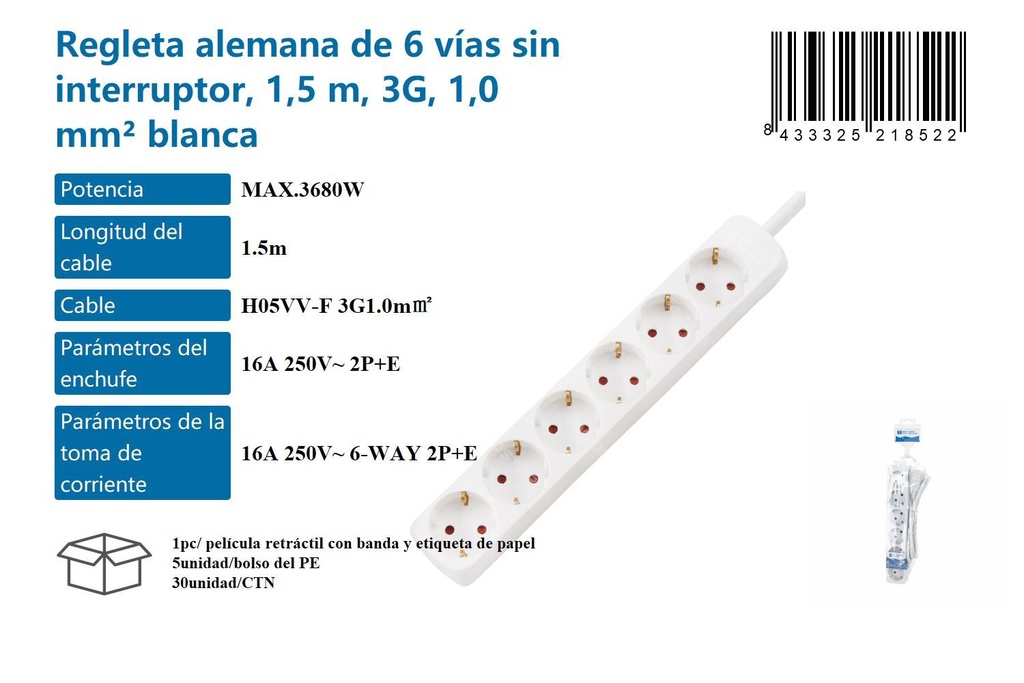 Regleta alemana de 6 vías sin interruptor 1.5m - Accesorios eléctricos