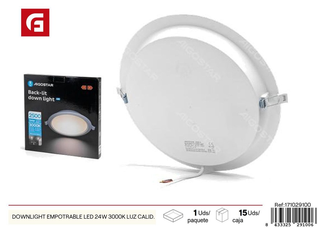 Downlight empotrable LED 24W 3000K luz cálida para iluminación