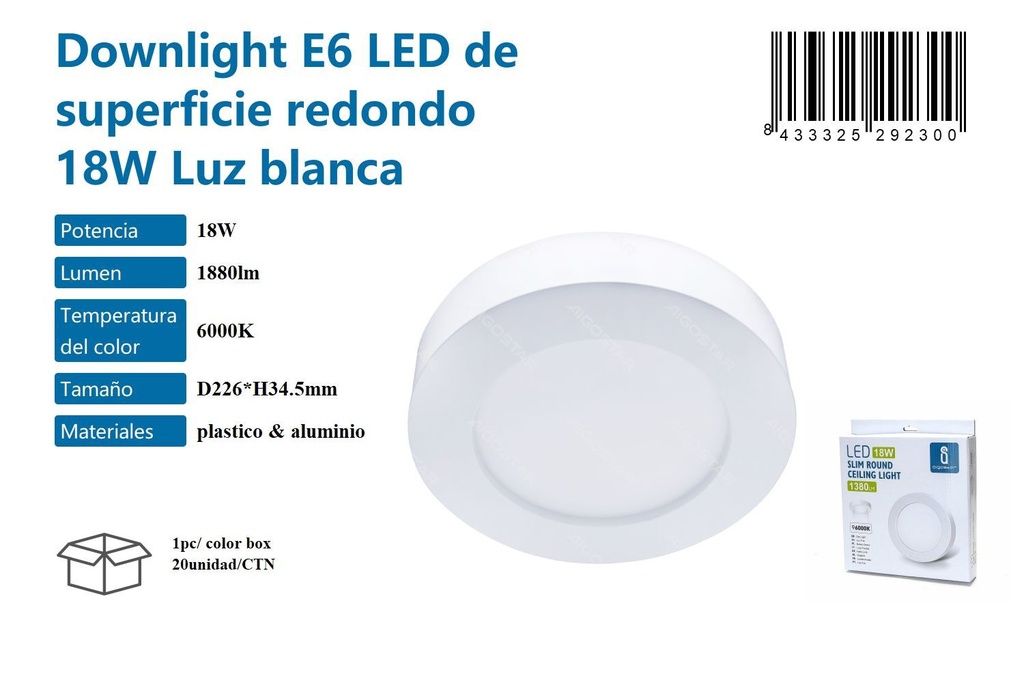 Luz blanca 6000K LED E6 de superficie redondo 18W - Iluminación