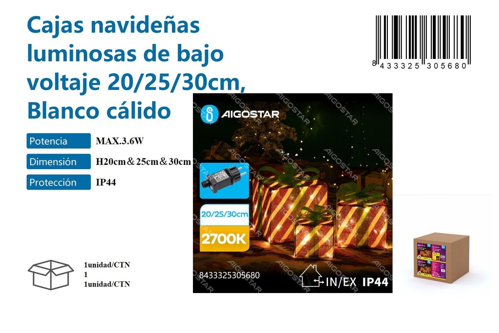 Cajas navideñas luminosas 20/25/30cm blanco cálido para decorar