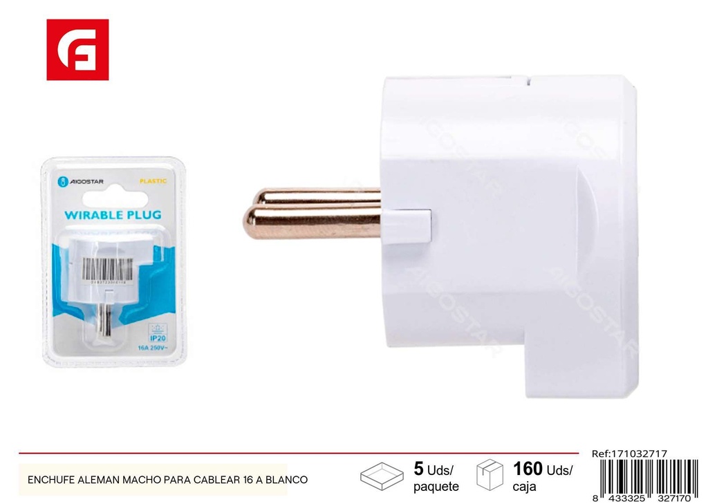 Enchufe alemán macho para cablear 16 A blanco - Instalaciones eléctricas y conectores