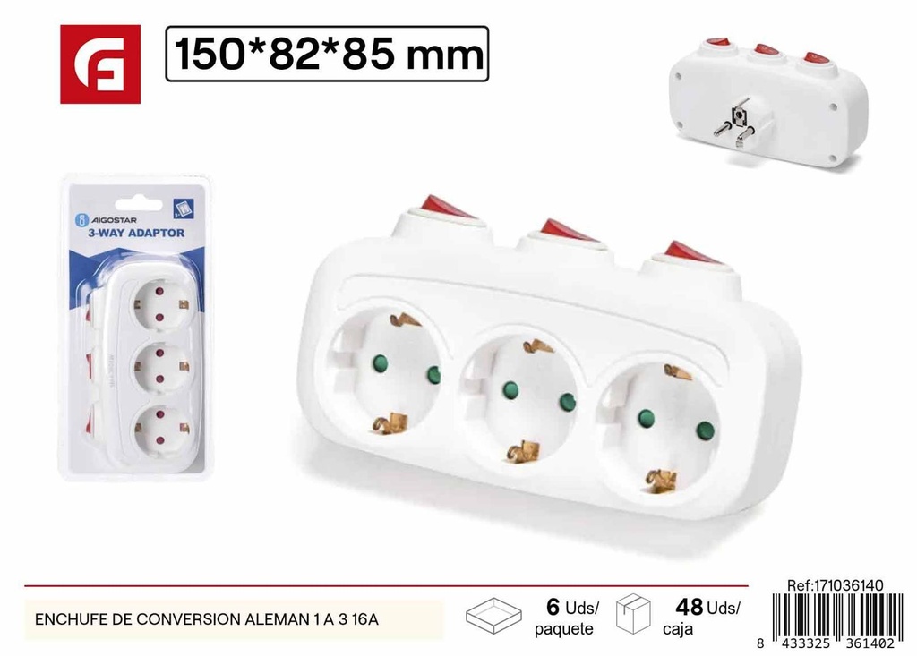 Enchufe de conversión alemán 1 a 3 16A para adaptadores eléctricos