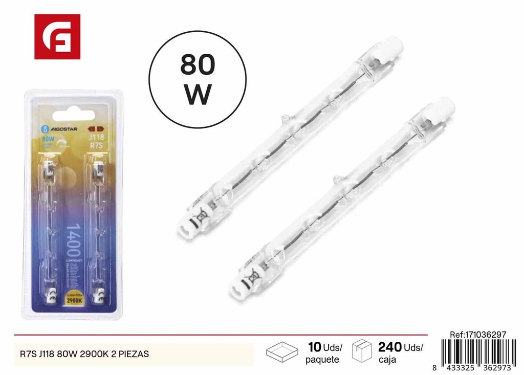 Tubo R7S J118 80W 2900K pack de 2 para iluminación