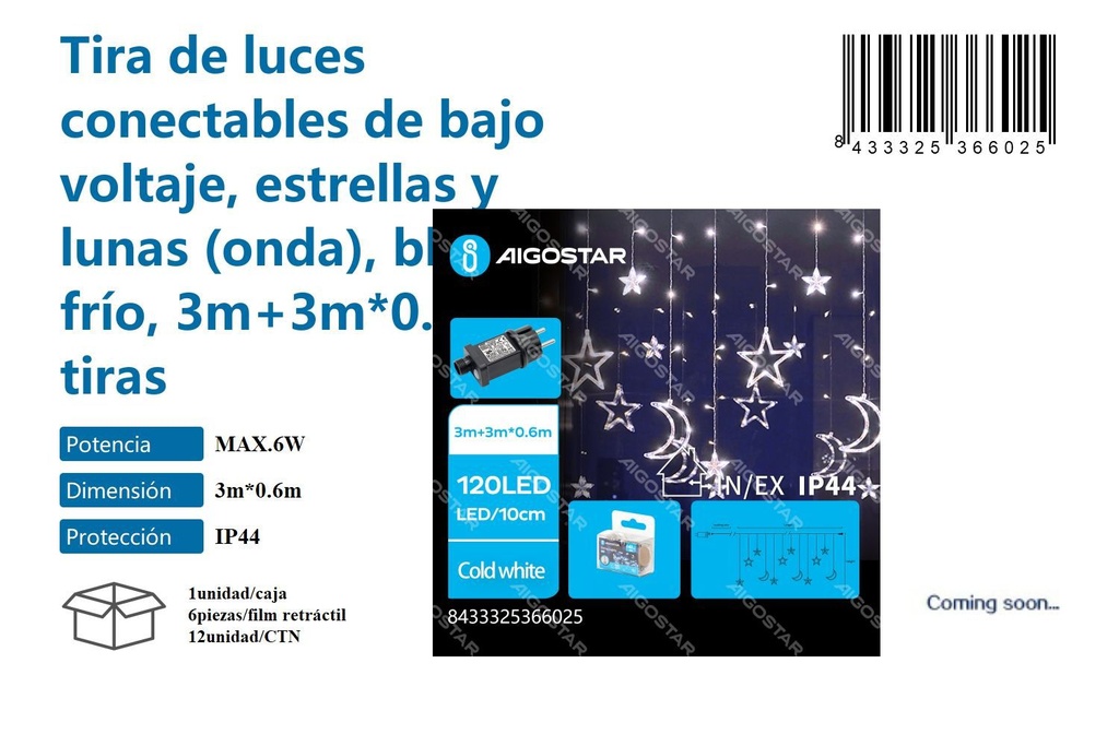 Tira de luces conectables estrellas y lunas blanco frío, 3M+3M*0.6M, 12 tiras para Navidad