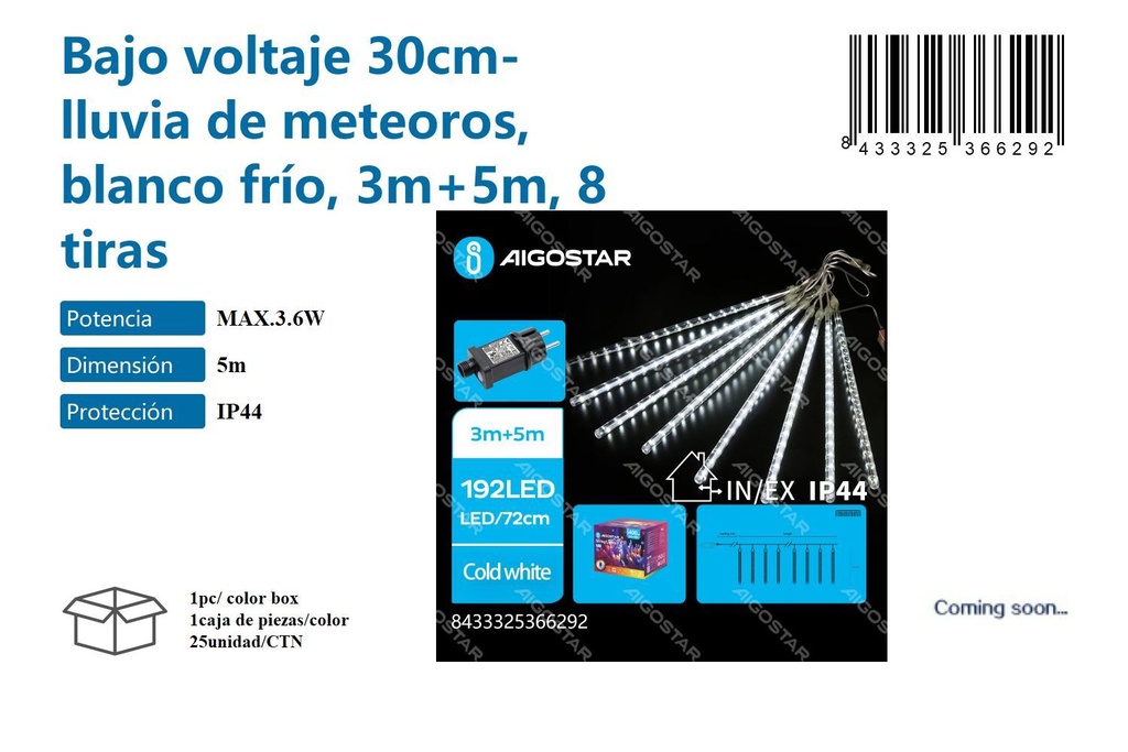 Luces de Navidad 30cm lluvia de meteoros blanco frío 3m+5m