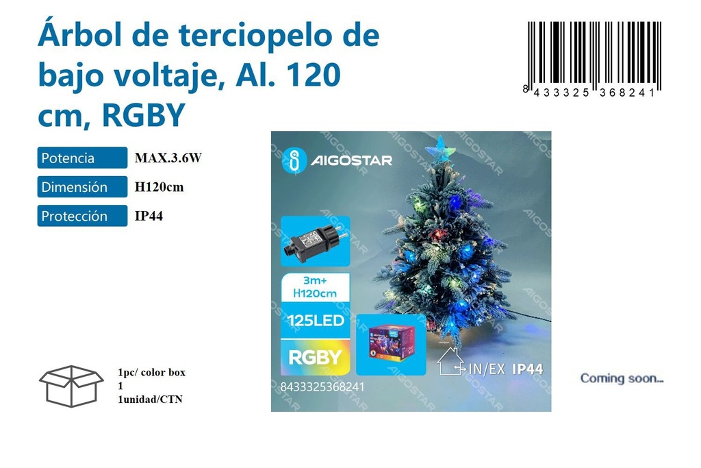 Árbol de terciopelo 120cm RGBY - Decoración navideña