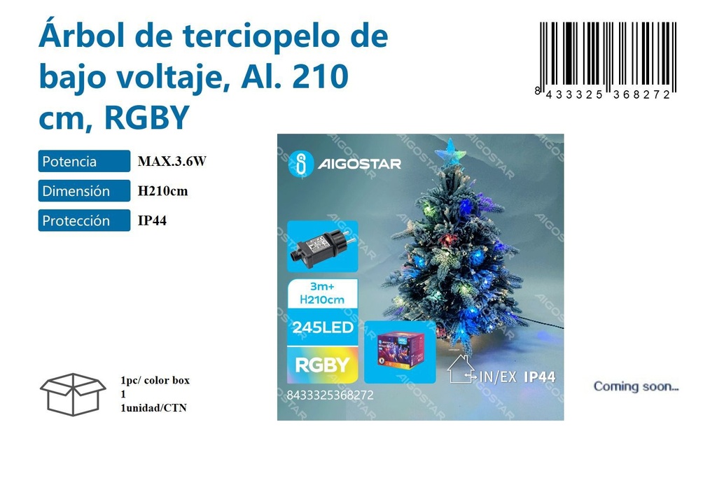 Árbol de terciopelo 210cm RGBY - Decoración navideña