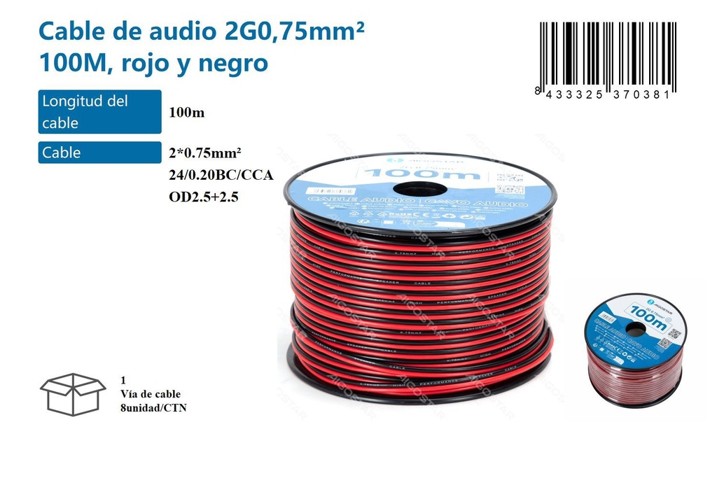 Cable de audio 2G 0.75mm 100m rojo y negro para conexiones eléctricas