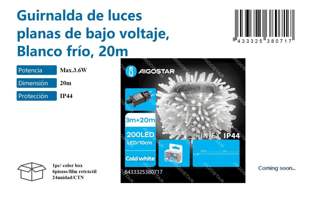 Guirnalda de luces planas blanco frío 20m para decoración navideña