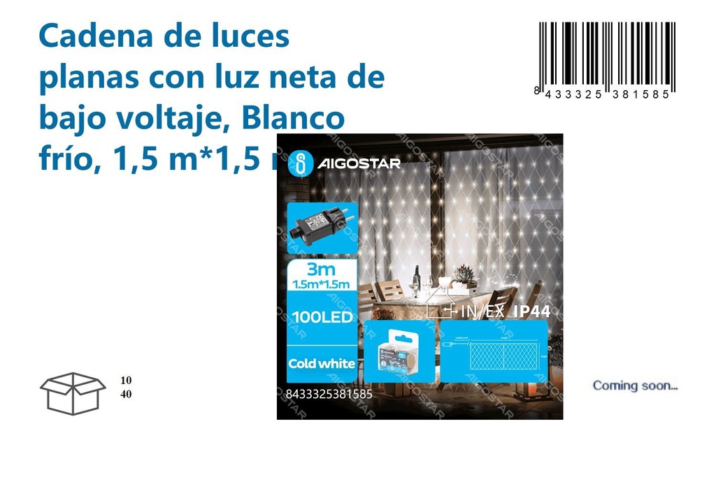 Cadena de luces planas con luz neta blanco frío 1,5m x 1,5m para Navidad