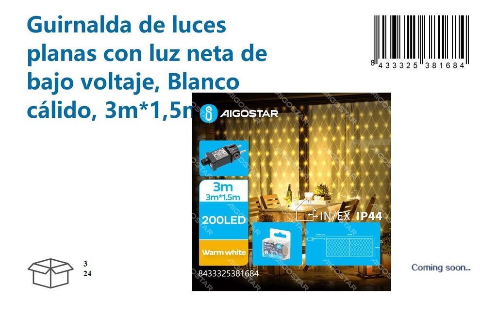 Guirnalda de luces planas con luz neta blanco cálido 3m*1,5m para Navidad