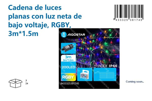 Cadena de luces planas con luz neta de RGBY 3m x 1.5m para decoraciones festivas