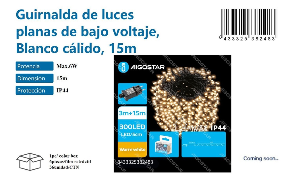 Guirnalda de luces planas blanco cálido 15m para decoración navideña