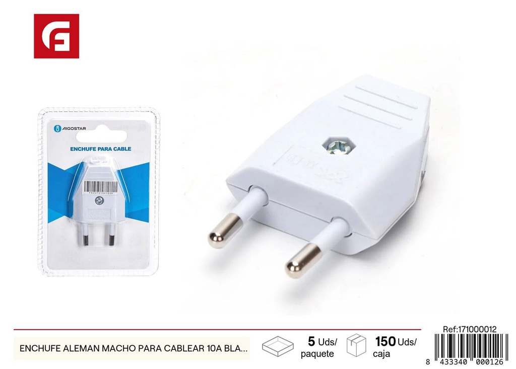 Enchufe alemán macho para cableado 10A blanco