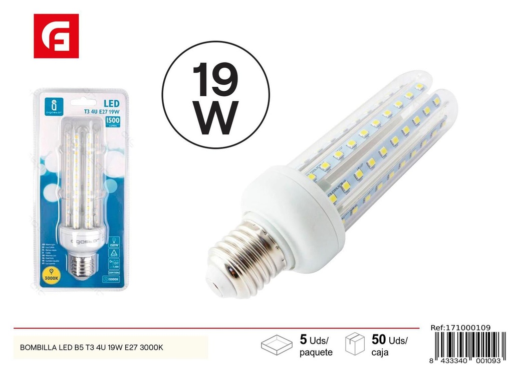 Bombilla LED B5 T3 4U 19W E27 3000K para iluminación eficiente