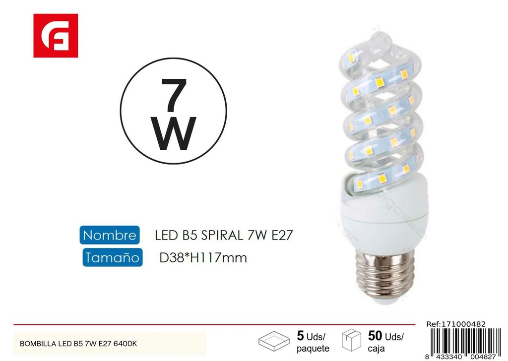 Bombilla LED espiral E27 7W 6500K para iluminación eficiente