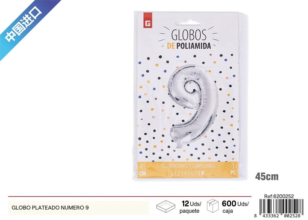 Globo plateado número 9 para fiestas y celebraciones