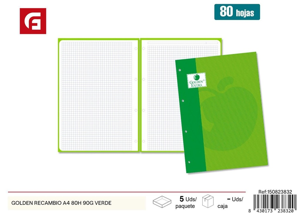 Recambio de cuaderno A4 GOLDEN 80H 90GR VERDE - Papelería