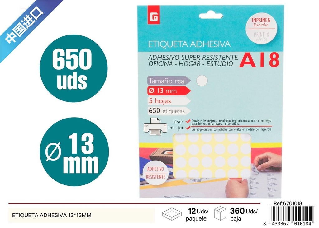 Etiqueta adhesiva 13*13mm - Material de oficina