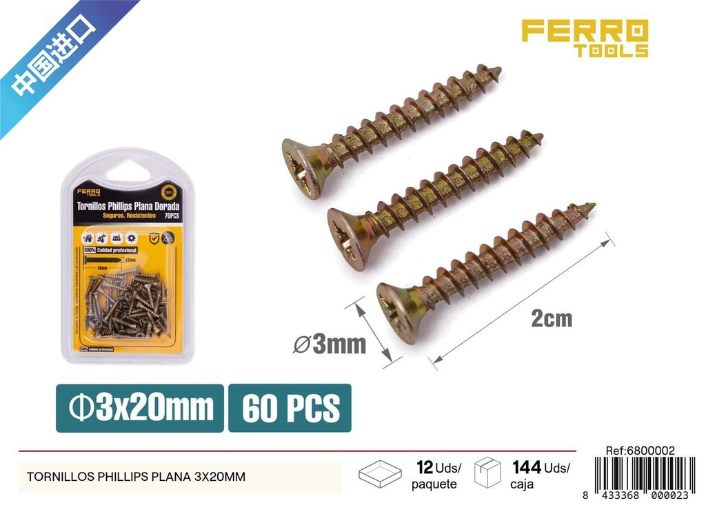 Tornillos Phillips planos 3x20mm zincado para carpintería