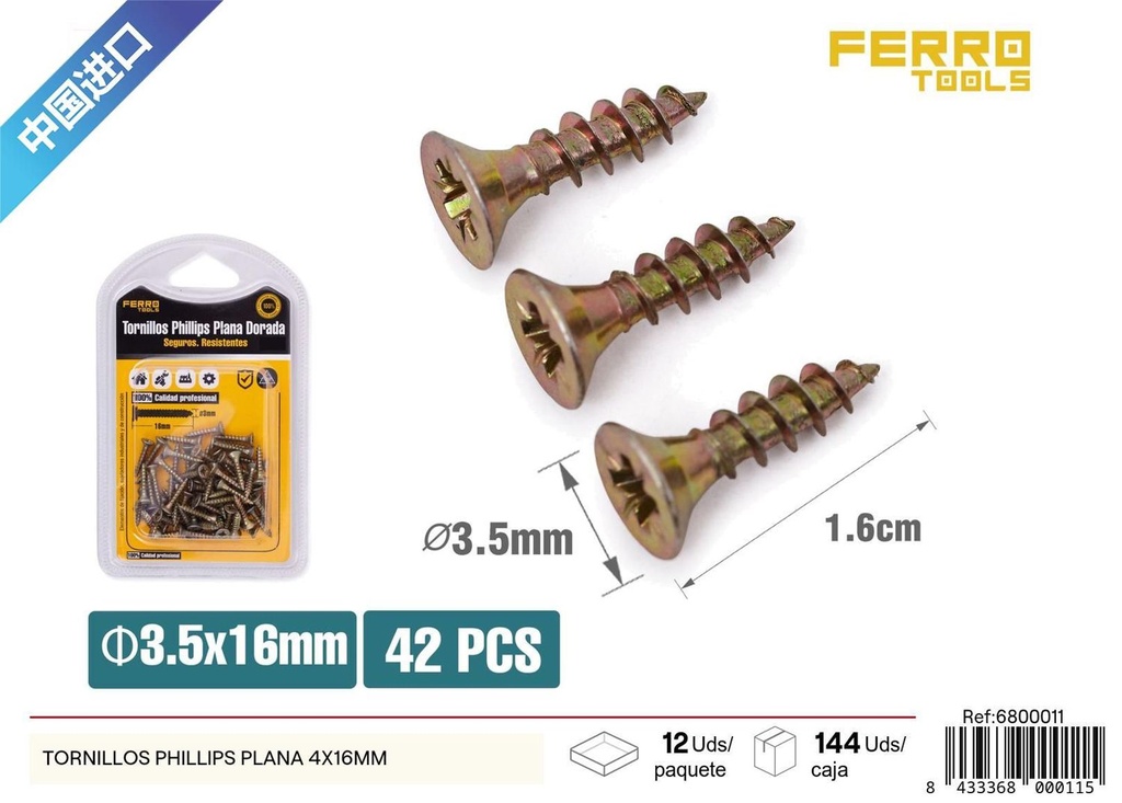 Tornillos Phillips plana 4x16mm para sujeción y fijación