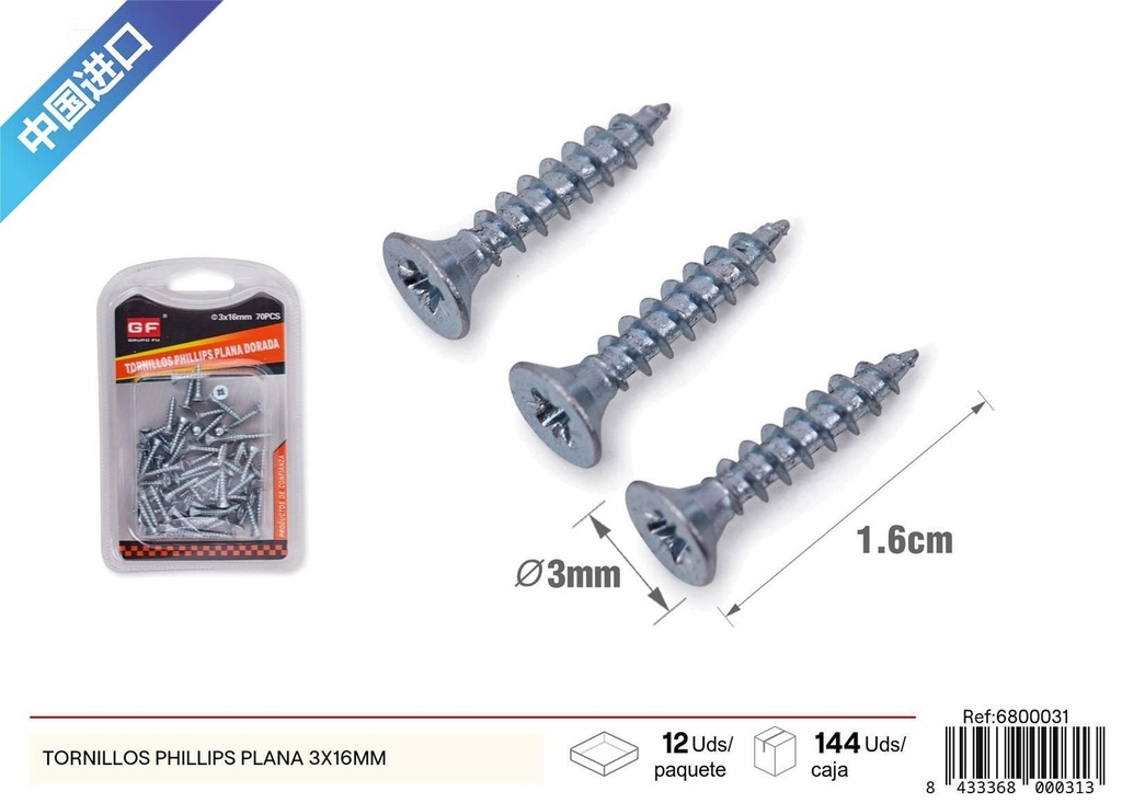 Tornillos Phillips plana 3x16mm (zinc azul y blanco) - Accesorios de ferretería