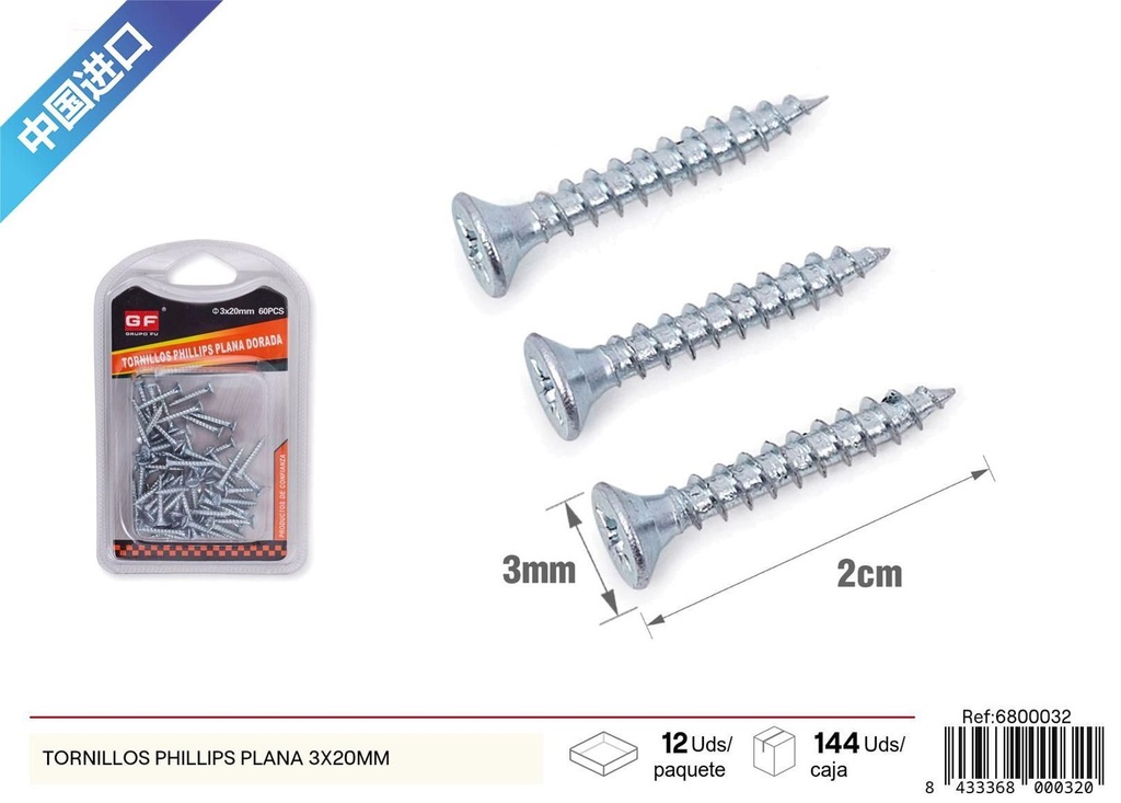 Tornillos Phillips plana 3x20mm (zinc azul y blanco) - Accesorios de ferretería