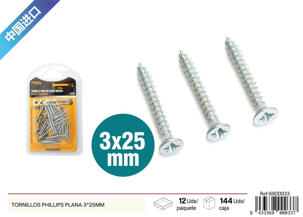 Tornillos Phillips de cabeza plana 3x25mm para fijación