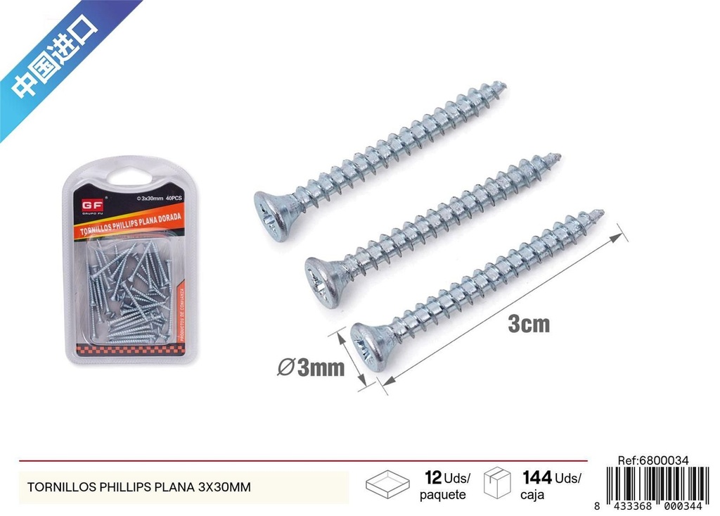 Tornillos Phillips plana 3x30mm (zinc azul y blanco) - Accesorios de ferretería