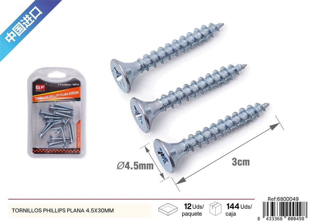 Tornillos Phillips plana 4.5x30mm para fijación resistente