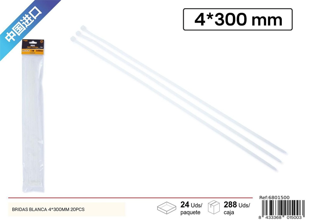 Bridas blancas 4x300 mm (20 piezas) - Ferretería
