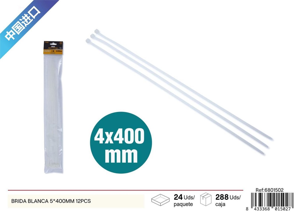 Brida blanca 5x400mm 12pcs para sujeción en ferretería