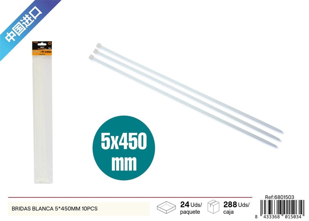 Bridas blancas 5x450mm, pack de 10pcs