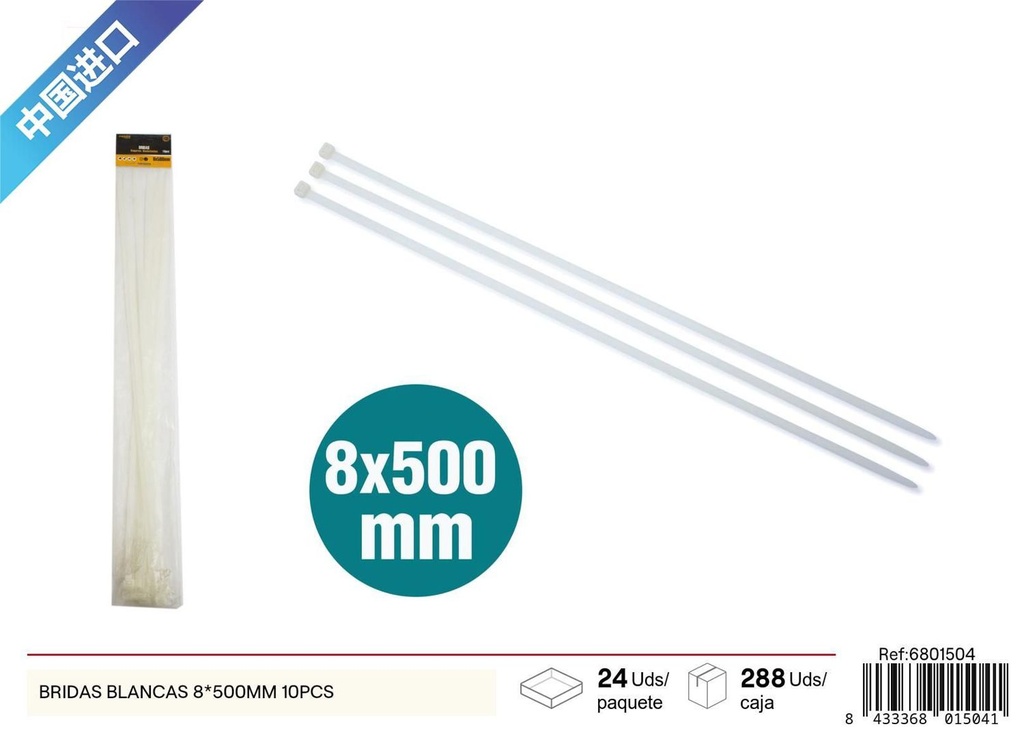 Bridas blancas 8*500mm 10pcs para sujeción y organización