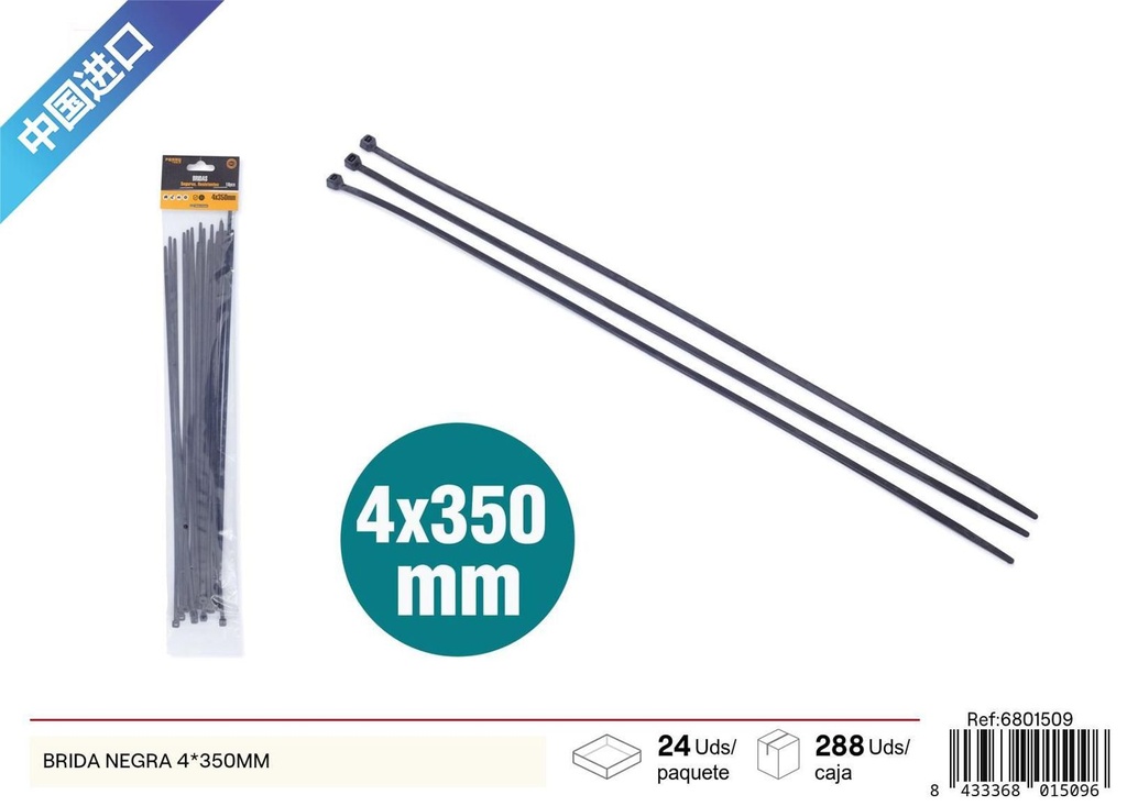 Brida negra 4x350mm para sujeción y organización de cables